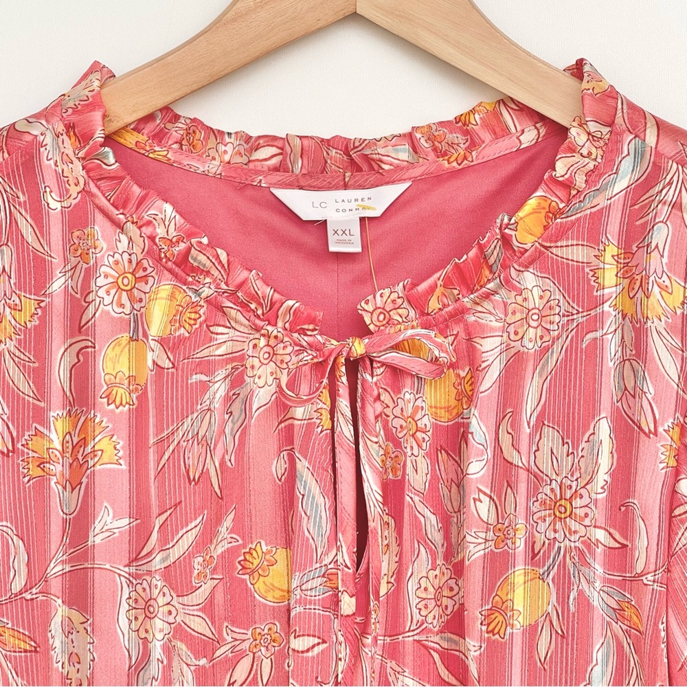 LC LAUREN CONRAD Chiffon Bohemian Blouse 3/4 Ruffle Sleeve Split Neck with Tie - Picture 3 of 12